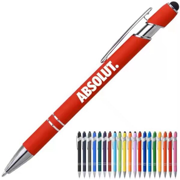 Personalized soft-touch stylus pen with ballpoint tip, ideal for business branding