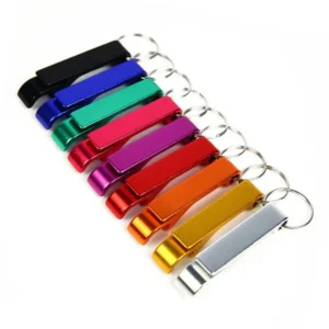 Stainless steel bottle opener keychain with engraved design, customizable promotional item for businesses and events