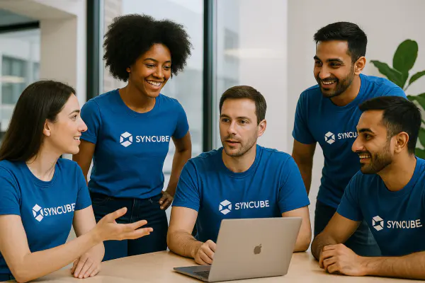 a group of people looking at a computer wearing blue custom DTF printed t-shirts with the same logo in white